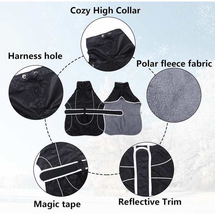 Водонепроникний теплий зимовий пуловер для грейхаундів та інших великих собак, чорний. Регульований, з відбиваючими елементами. Розмір XS (довжина спини 46-48 см).