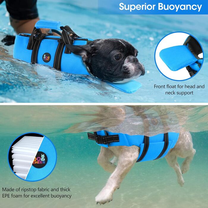 Жилет для плавання собак Dogcheer з блискавкою та рятувальним гачком, Ripstop жилет для цуценят з поплавком під підборіддя для плавання, регульований жилет для собак малих, середніх та великих розмірів (Small, Blue)