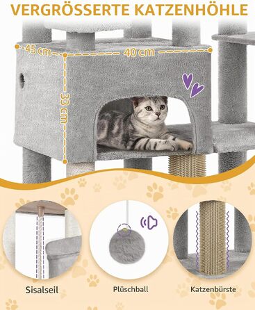 Ігровий комплекс для котів Hzuaneri XXL: великий кігтеточильник (185 см) з 10 стовпчиками, світло-сірий, 68 x 45 x 185 см