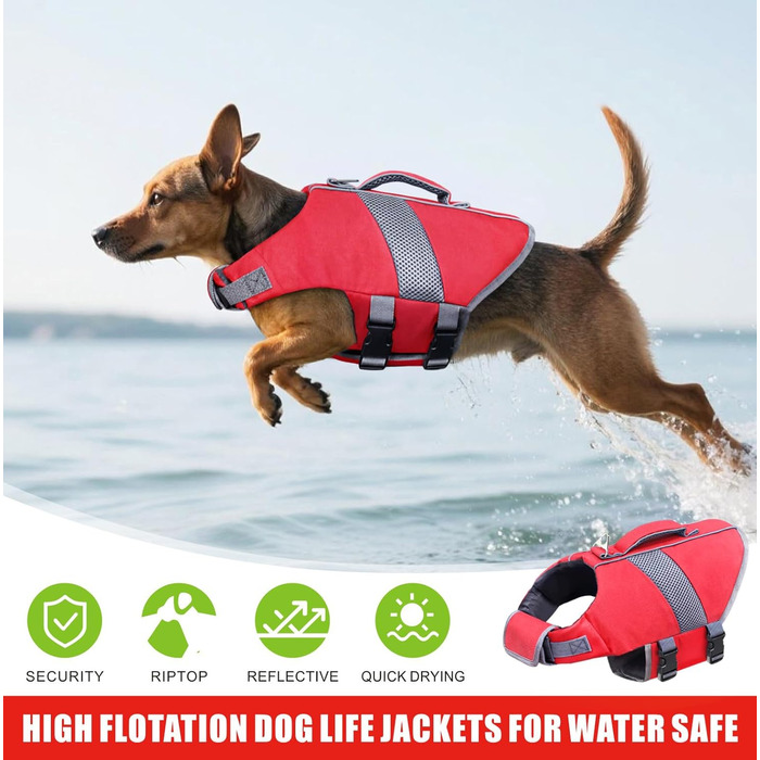 Рятувальний жилет для собак Oslueidy з високою плавучістю, світловідбиваючими елементами. Підходить для малих, середніх та великих собак. Ідеально для плавання, катання на човні, серфінгу та каякінгу. Червоний колір.