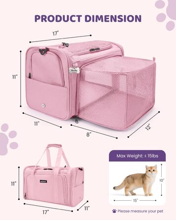 MIDOG Сумка-переноска для котів та маленьких собак, м'яка, TSA-сертифікована, для подорожей літаком, під сидіння, з розширеним простором, надійні застібки, оливковий/листяний колір