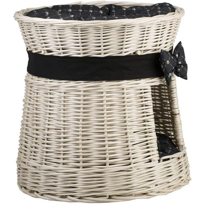 Кругла котяча хатинка e-wicker24 з плетеної лози, двоярусна, з подушкою та стрічкою, котячий оазис (кремовий/чорний)