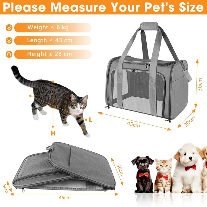 Транспортна сумка для кота та собаки, 45x30x30 см. Зручна переноска для кота та середнього собаки, складана та дихаюча, для подорожей на авто