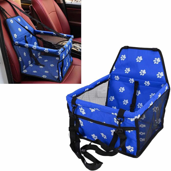 Переноска для тварин з принтом лап, складана переноска для собак з тканини, миється, з ременями безпеки та підставкою - Комфортна та безпечна для авто та подорожей (Сіра підставка з лапами, Сира підставка з лапами з відбитком лапи, Синя підставка з лапами