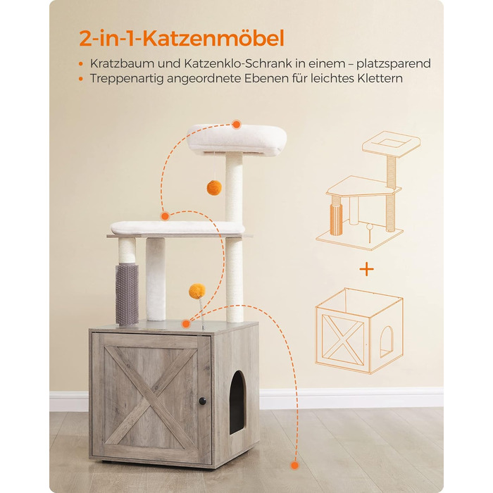 Котячий комплекс Feandrea WoodyWonders 2-в-1 з когтеточкою, туалетом у шафі, 134 см, з драпаком, платформою, знімними подушками, грейж
