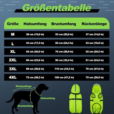 Водонепроникний дощовик для собак, дощова куртка з світловідбиваючими смугами, нагрудник H-подібної форми (D-кільце) та знімний капюшон з візором, ідеально підходить для собак середніх та великих порід [Неоновий зелений, розмір 3XL] 3XL Зелений