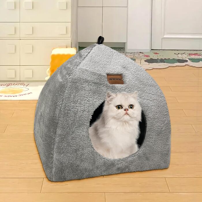 Котяча хатинка Whiwhi для дому, намет для котів із м'яким плюшевим матрацом, складаний сірий будиночок 45x45x41 см
