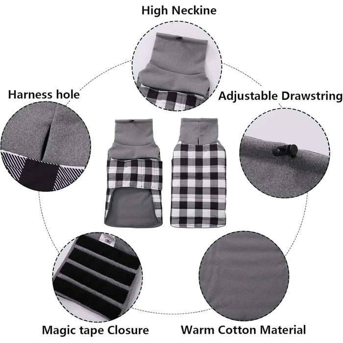 Теплий водонепроникний зимовий одяг для собак Dachshund (Такса), чорний, розмір S, в клітинку