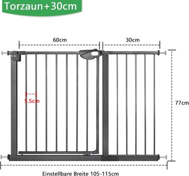 Захист для воріт/сходи: сітка без свердління, 105-115 см. Ідеально для собак та дітей. Двозамкове закриття, автоматичне закриття, відкривання однією рукою, стопор 90°, білий колір.