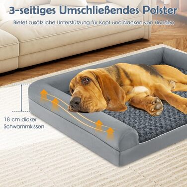 Ортопедичне собаче ліжко COSTWAY велике, диван для собак з подушкою, пінопласт, знімний та пральний чохол, підняті бортики, диван-ліжко для великих та середніх собак, сірий (XXL-135 x 91 x 18 см)