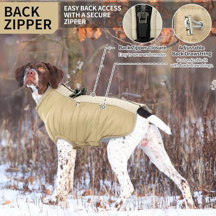 Водонепроникний теплий зимовий одяг для собак - куртка-манжетка з отвором для шлейки, армійський камуфляж, для собак маленьких, середніх та великих порід, з світловідбиваючими смугами, блискавкою (S, Абрикосовий)