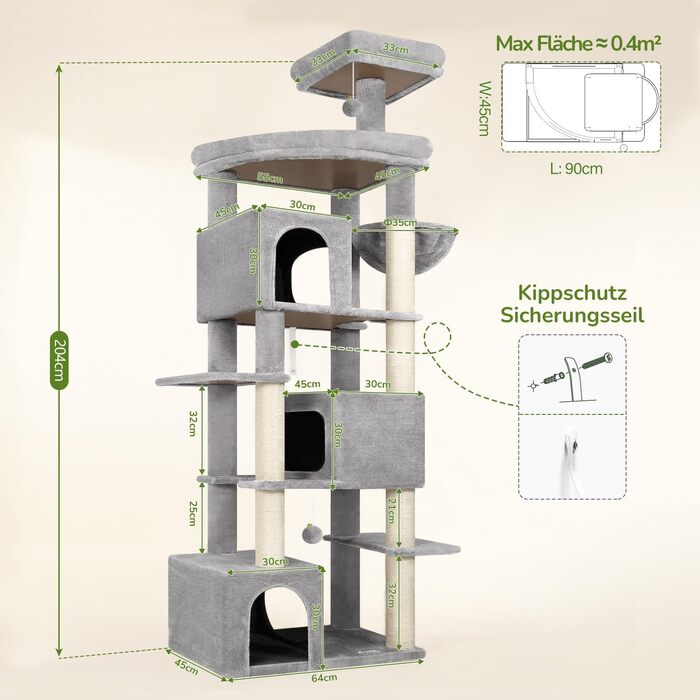 Комплекс для котів Globlazer XXL (203 см) для 4-6 великих котів, сірий: будиночок, платформа, іграшки