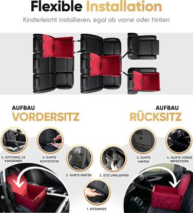 Автокрісло для собак HELDENWERK Extra Stabiler - надійне, водонепроникне, з 5 ременями, для заднього та переднього сидіння (Червоний, Стандартний розмір)