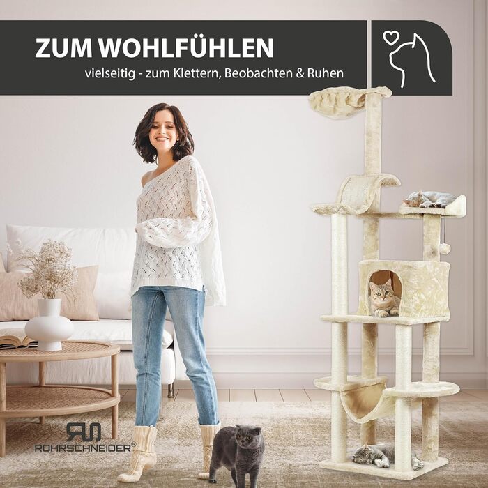 Дряпальня для котів Rohrschneider Katzenbaum Travel XL з іграшкою та гамаком - стабільна кігтеточка для великих котів, бежева