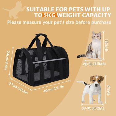 Транспортна переноска для кота Treer, чорна, 40x27x24 см, з сіткою, складана, для котів та собак