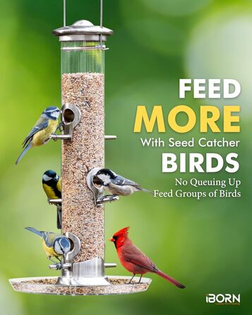 Годівниця для птахів iBorn з 6 місцями для підльоту, 20 см тарілка для корму, алюмінієва, 38 см