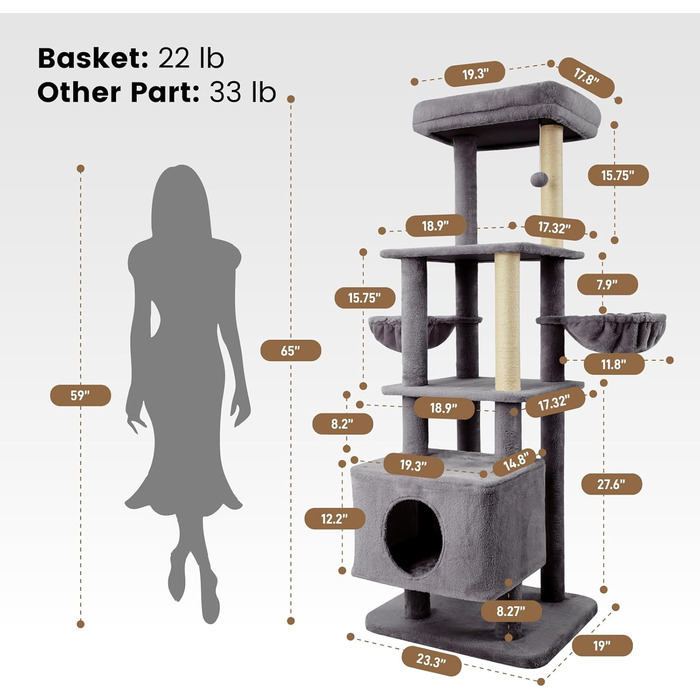 Дерев'яний кігтеточки для котів Gardner Pet Katzenbaum, 105 см, з платформою, 2 печерами, кошиком, сірий, для дому