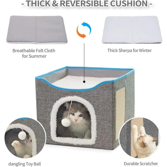 Будиночок для котів Fluffy Paws Store – велика м'яка котяча нора для домашніх котів з підвішеним пухнастим м'ячем і кігтеточкою, складаний кішковий будинок 41,9x41,9x33 см, сірий