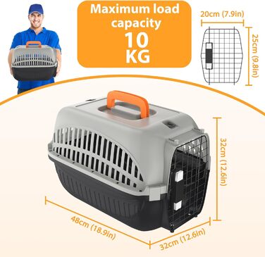 Транспортна переноска для собак та котів Aufun, 48x32x32 см, пластик з металевим ґратом, сіра+чорна
