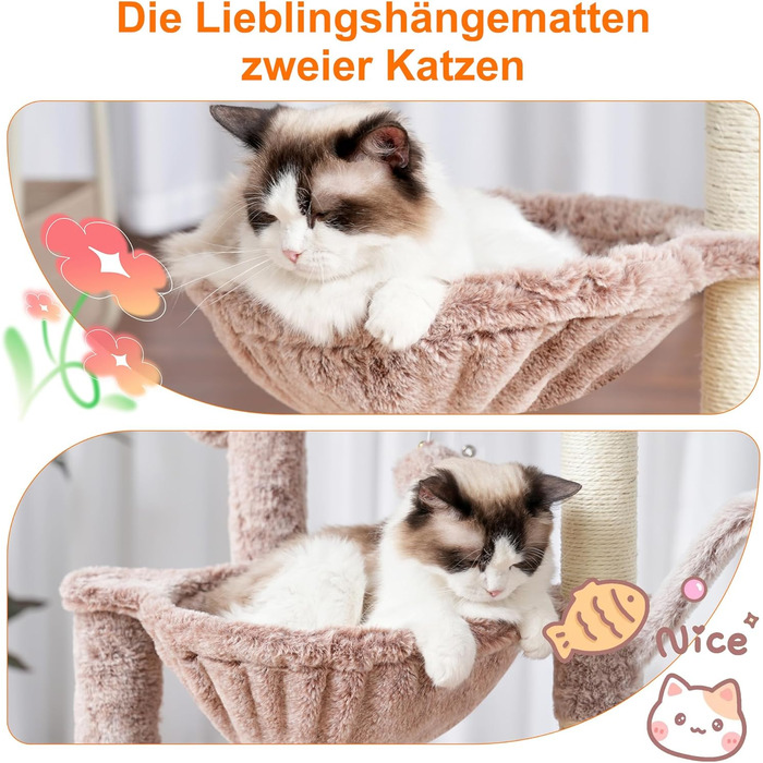 Кігтеточка-комплекс для котів Heybly HCT006SW, 100 см, з платформою, гротоподібною печерою та гамаками, коричнево-бежевий