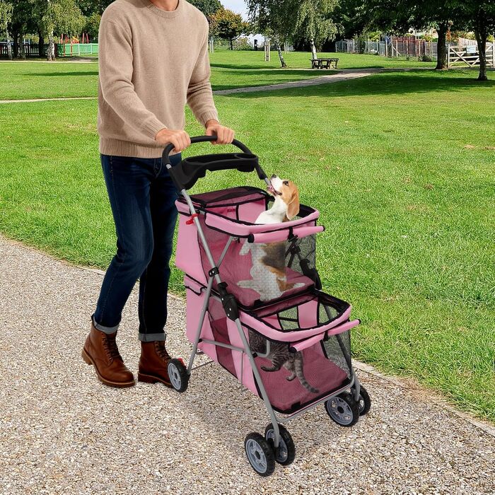 Двоярусний візок для домашніх тварин для маленьких та середніх собак та котів - Легкий транспортний візок-бугі для собак з 2 рівнями для прогулянок, подорожей та активного відпочинку на природі, до 20 кг (Рожевий)