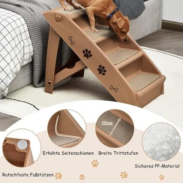 Сходинки для домашніх тварин GYMAX з 4 сходинками, складані, з пластику, з неслизькими підкладками, 4 килимками, трикутною структурою, для котів та собак (колір кавовий)