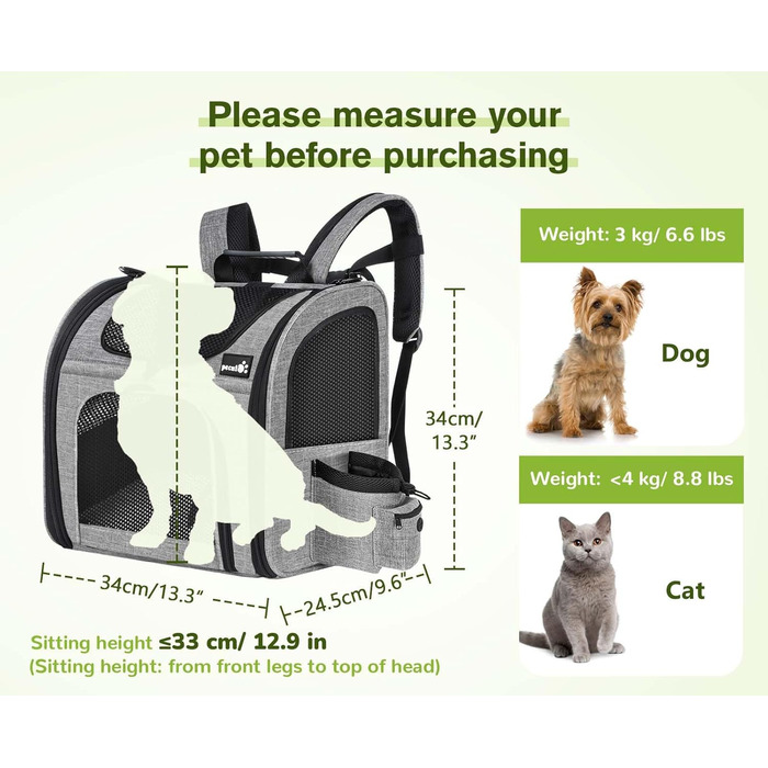 ПЕКЮТ Рюкзак для тварин з сіткою, переноска для кота/собаки, дихаюча та легка, водонепроникна, сіра (M)