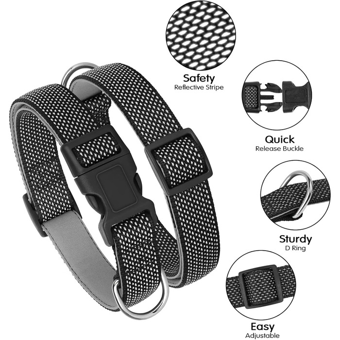 Відбиваючий нашийник для собак Didog з пряжкою, регульований, м'який неопрен, з підкладкою, нейлон, для маленьких, середніх та великих собак, чорний, L: обхват шиї 33-56 см, чорний