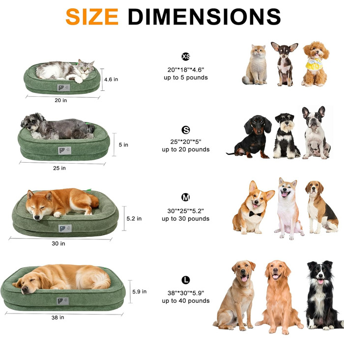 Ортопедичне ліжко для собак середніх порід, зелене, M, XL, знімний чохол, антиковзаюча підставка, м'яке, 30 x 25 дюймів