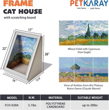 Будиночок для котів PETKARAY з рамою та когтеточкою – декоративна котяча хатка з оригінальним дизайном, велике ліжко для кошенят, знімна царапка, для дому