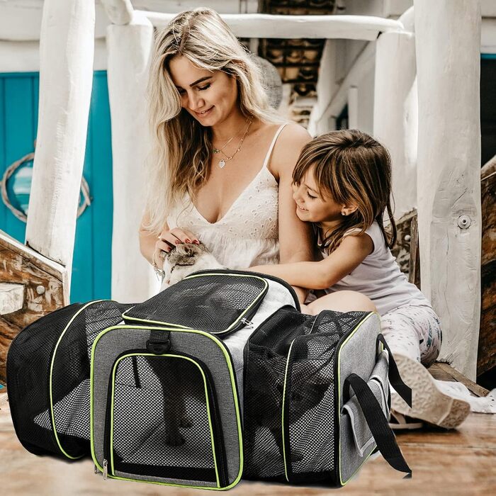 PETCUTE Транспортна сумка для кота, розкладна, з м'яким флісовим ліжком, 2 сторони відкривання, дихаюча сумка-переноска для кота з бічними кишенями, схвалена авіакомпаніями, світло-сіра, M