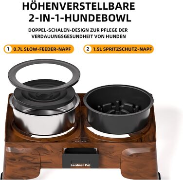 Підвищена годівниця для собак Gardner, 2-в-1: миска для води без розливання та миска для повільного годування з регульованою висотою, 5 рівнів, протиковзна годівниця для середніх та великих собак