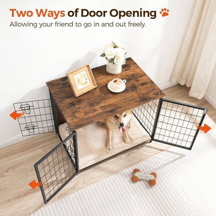 Клітка для собак, 100 см, з подушкою, 2 двері, для маленьких, середніх та великих собак, клітка для дому, білий ADCBW10701 (80 x 55 x 65 см, коричневий)