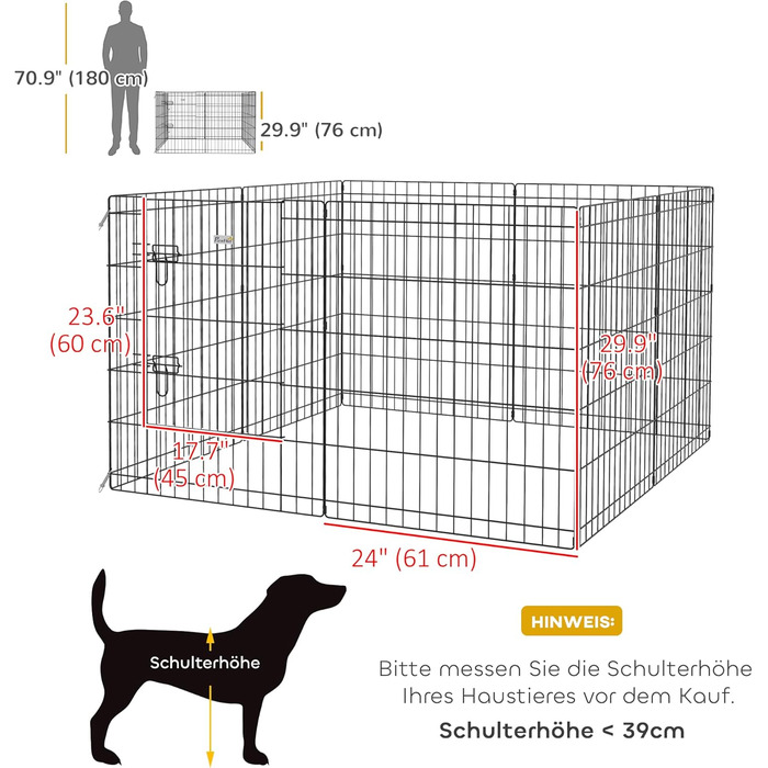 PawHut вольєр для цуценят 76 см, 8-секційний вольєр для собак з замком, DIY вольєр для собак середнього розміру, морських свинок, кроликів, метал, чорний