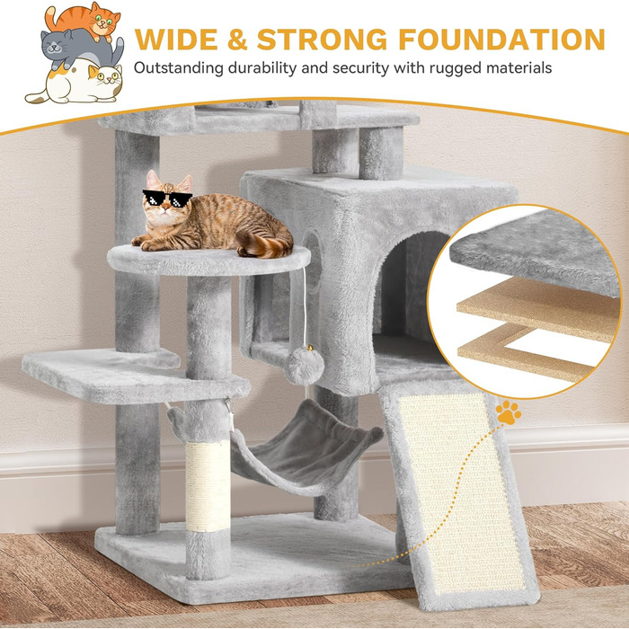 Кігтеточка YITAHOME XL, 137 см, з 2 сизалевими стовпцями, 1 платформою, 2 печерами, гамаком, іграшками-м'ячиками та кігтедробилкою. Ідеальний кімнатний комплекс для котів, сірий колір.