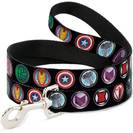 Повідок для собак Buckle Down Avengers, 1,3 см, 6 футів, чорний/різнокольоровий