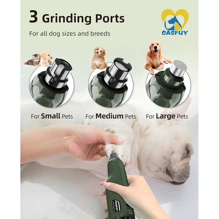 Електричний точило для кігтів собак Casfuy (45 dB) з 6 режимами та LED-підсвіткою для собак та котів, армійний колір