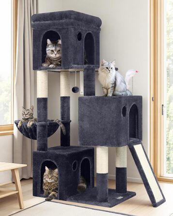 Дерево-кіготь Globlazer для котів на 2-4 котів з великою печерею, м'яким гніздечком, сходами з сизалю, іграшками, стабільним дизайном, висотою 133 см (XL, темно-сірий)