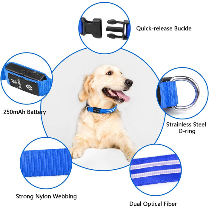 Світлодіодний нашийник для собак Leuchthalsband PcEoTllar, зарядний, 3 режими світіння, водонепроникний, регульований, для малих, середніх та великих собак, блакитний (TC5000), L (48-60 см)