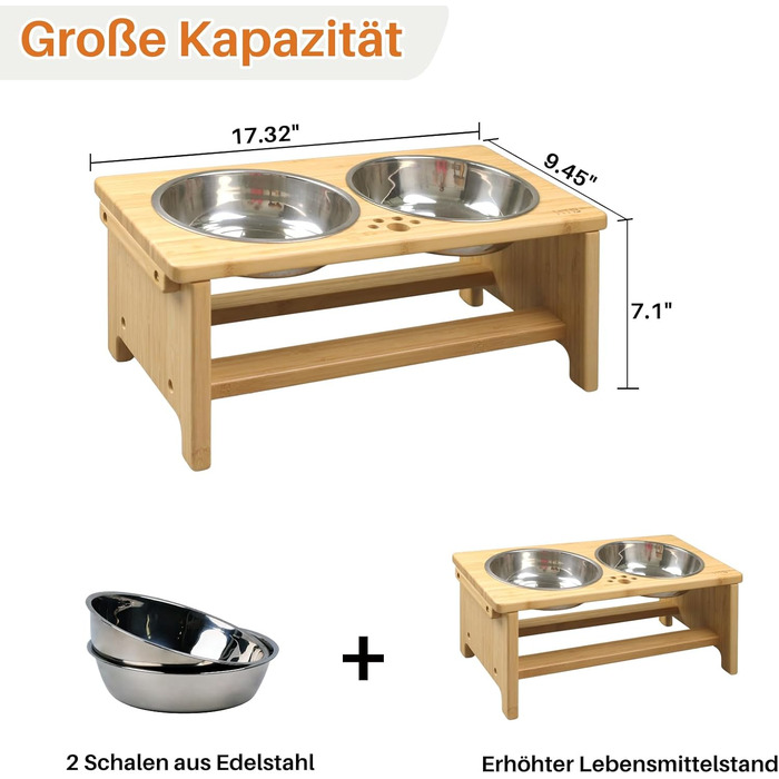 Підвищені годівниці для собак HTB, бамбук, 2 нержавіючі миски, 44x24x18 см, 18 см висота, для собак середніх та великих порід