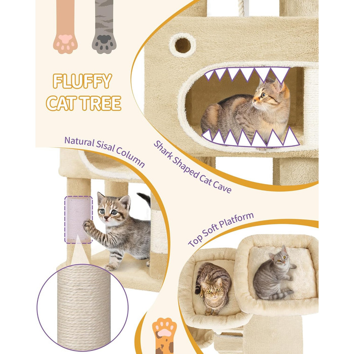 Драбина-кіготь для котів Hzuaneri MS15918YL, 159 см, бежева, з 8 стовпчиків, 3 платформ та 2 хованок