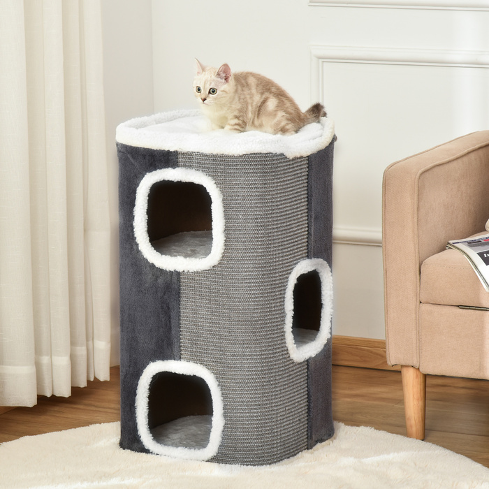 Кігтеточка PawHut Cat Tree з 3 ярусами, ДСП, оксамитовий поліестер, сизаль, сірий+білий, 40x40x74см| Аосом