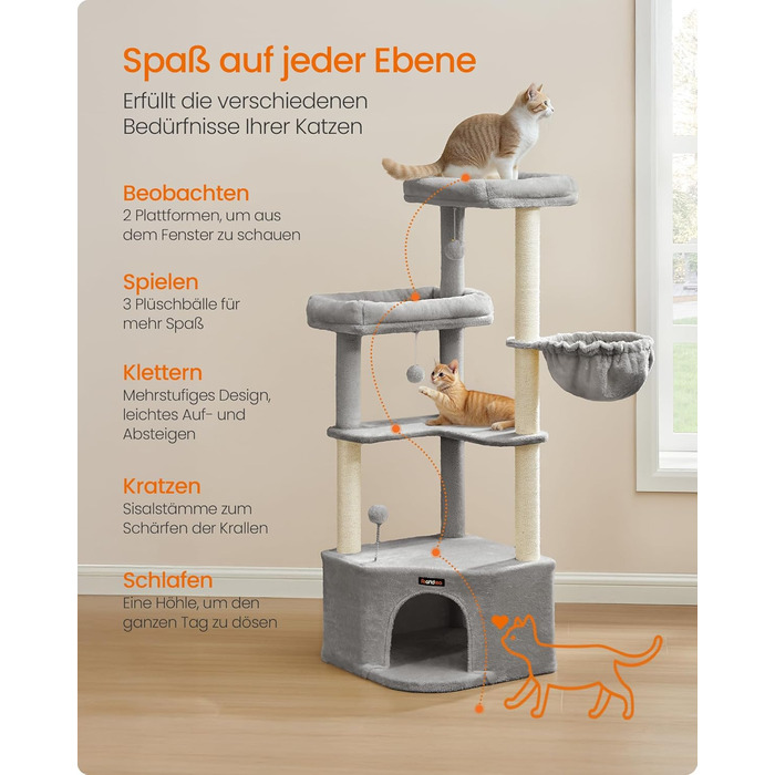 Дряпка для котів Feandrea, кігтеточка з лежаком, платформами та іграшками, 140.7 см, сірий PCT009G01