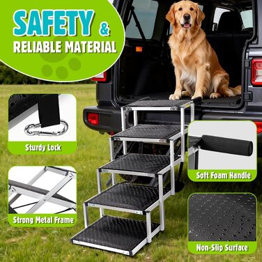 Сходинки для собак великих порід, 5-ступеневі складані, срібного кольору. Підходять для SUV, підтримують до 90 кг.