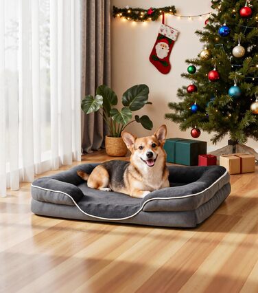 Ортопедичне ліжко для собак великого розміру, м'яке плюшеве, з антиковзною основою, для собак та котів, сіре, 89x63x16 см, знімний чохол