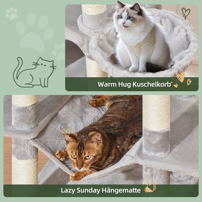 Когтеточка для котів Taoqimiao 180 см XXL, великий котячий комплекс для Maine Coon з будиночком, гамаком, платформами та 9 стійками (світло-сірий)