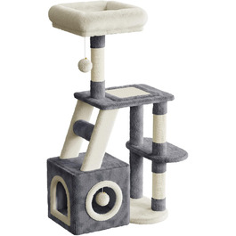 Кігтеточка для котів Dogat 107 см: багатоярусна, з будиночком, лежаком та ігровими елементами (сірий/бежевий)