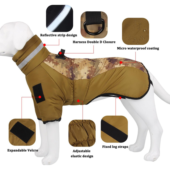 Відбиваюча куртка для собак великих порід, зимова водонепроникна тепла куртка-манта для собак, жилет для собак з двома ніжками для спорту, лижного костюма, одягу для собак з кільцем D для активного відпочинку, спорту та полювання, 6XL, камуфляж