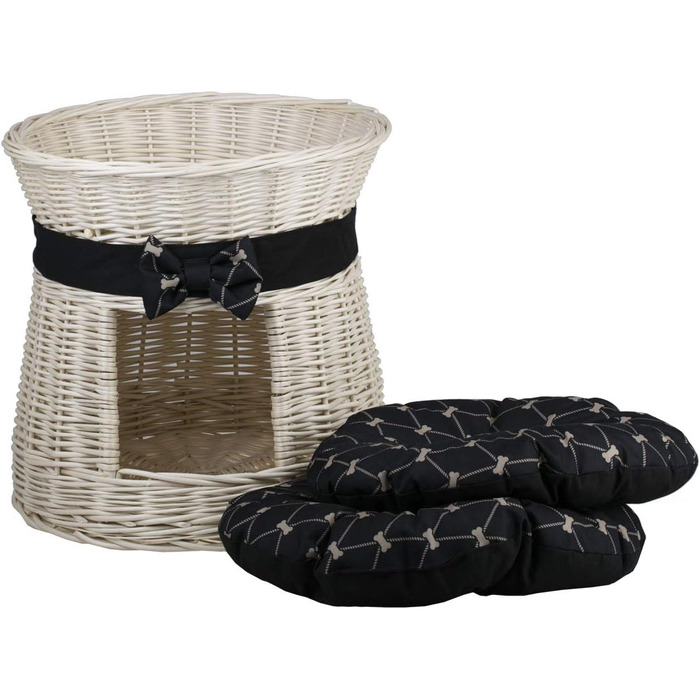 Кругла котяча хатинка e-wicker24 з плетеної лози, двоярусна, з подушкою та стрічкою, котячий будиночок (кремовий/чорний)