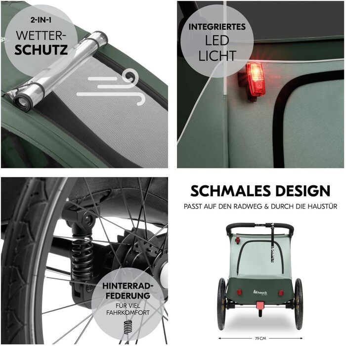 Фаркоп-причіп Hauck Dryk Duo Plus Set для 2 дітей з люлькою, тентом та дощовим захистом – складаний, з підвіскою та функцією коляски (Темно-зелений)